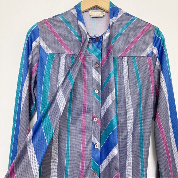 Vintage secretary dress pussybow grey teal pink midi 70s retro office striped - Picture 5 of 12